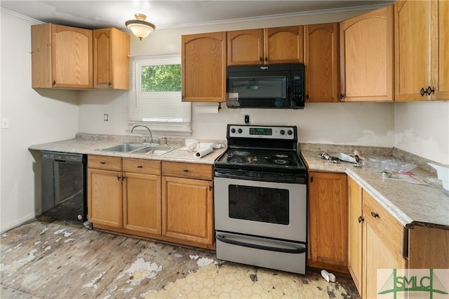 kitchen with sink, black appliances, and ornamental molding