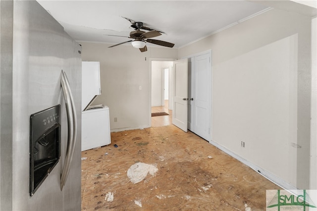 kitchen with stainless steel fridge with ice dispenser, white cabinetry, ceiling fan, and crown molding