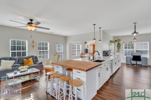126 Thornbush Ct NE, Ludowici, GA 31316 - kitchen with white cabinets, butcher block counters, sink, hanging light fixtures, and a kitchen island with sink