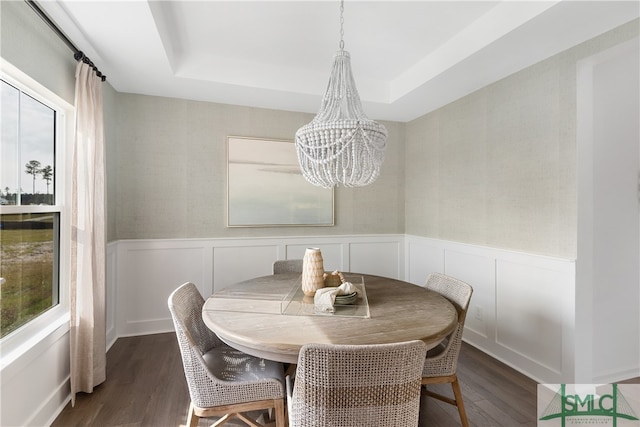 dining area featuring dark wood-style floors, plenty of natural light, and a tray ceiling