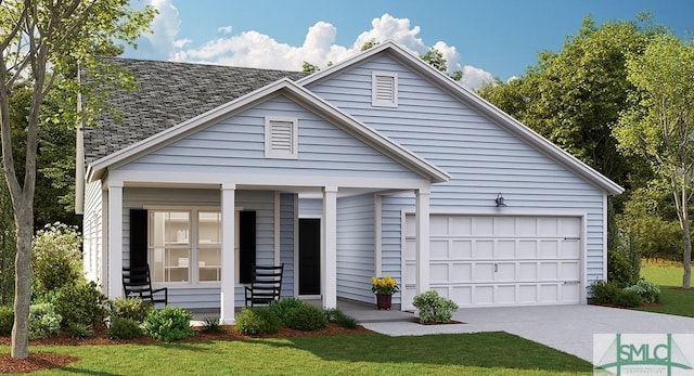 view of front of property featuring roof with shingles, covered porch, a front yard, a garage, and driveway