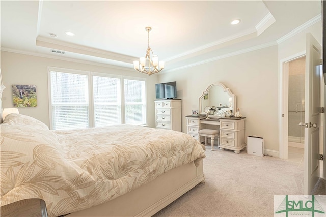 bedroom with crown molding, light colored carpet, a notable chandelier, and a tray ceiling