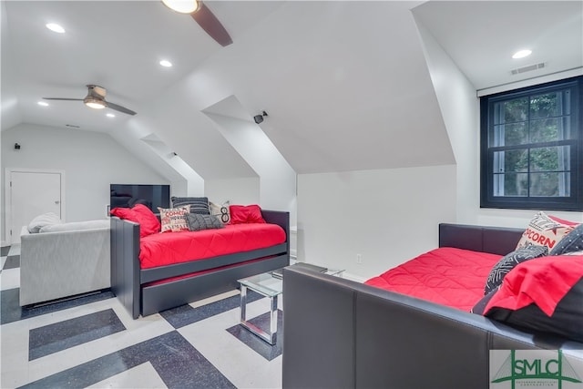 bedroom featuring vaulted ceiling and ceiling fan