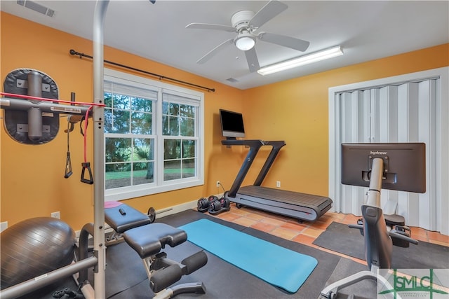 workout area featuring ceiling fan