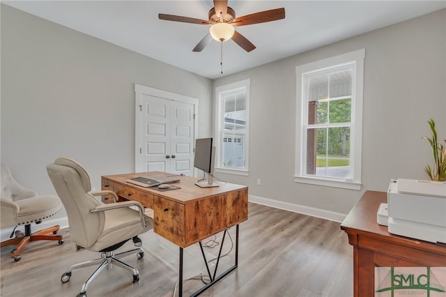 office space featuring ceiling fan and light hardwood / wood-style floors