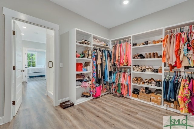 spacious closet featuring light hardwood / wood-style flooring