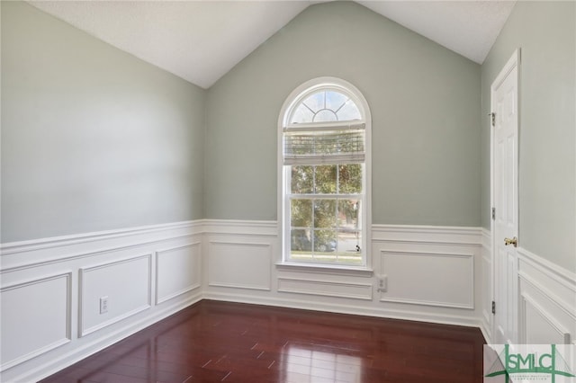 empty room featuring dark wood-type flooring and lofted ceiling