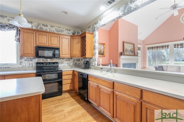 kitchen with pendant lighting, plenty of natural light, sink, and black appliances