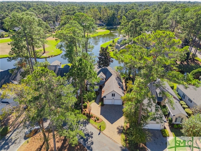 drone / aerial view featuring a water view