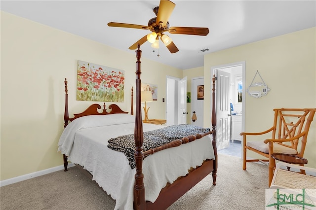 bedroom featuring light carpet and ceiling fan