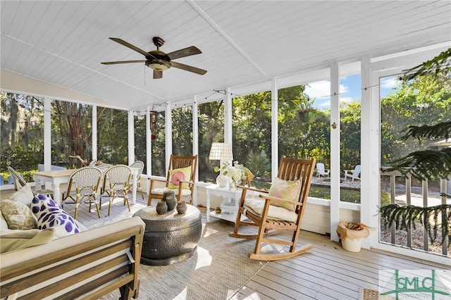 sunroom featuring ceiling fan, lofted ceiling, and wood ceiling