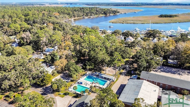 bird's eye view with a water view