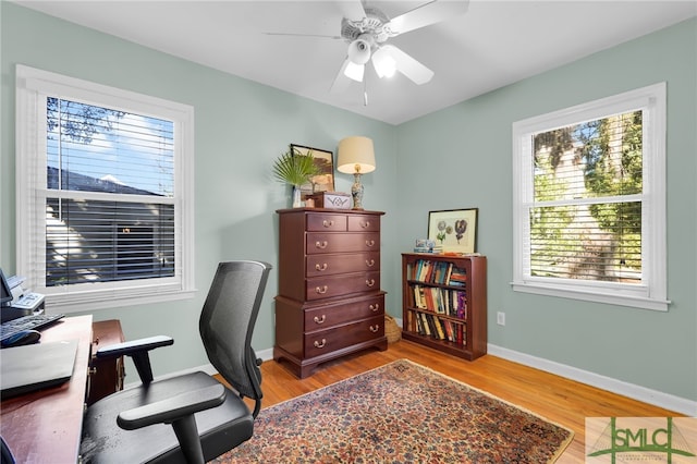 office featuring ceiling fan and light hardwood / wood-style floors