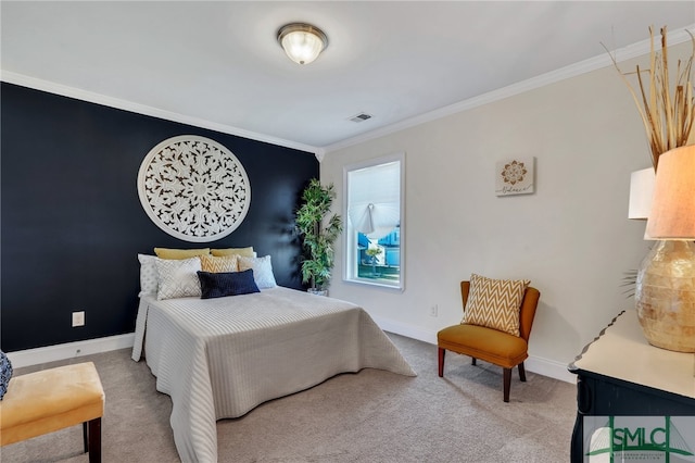 carpeted bedroom with ornamental molding