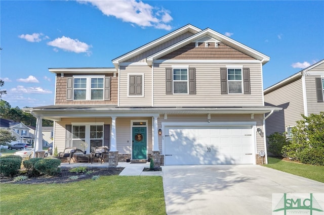 craftsman-style home with a porch, a garage, and a front lawn