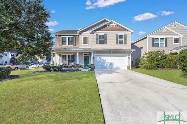 view of front of property featuring covered porch, a garage, and a front lawn