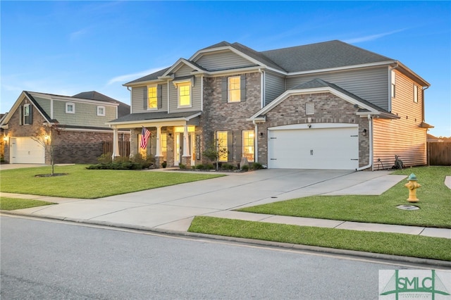 view of front of home with a front yard, a porch, and a garage