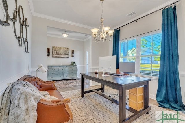 office with crown molding and a chandelier