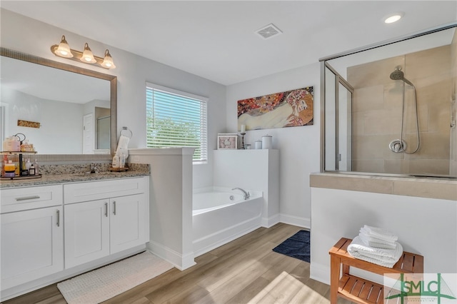 bathroom featuring vanity, wood-type flooring, and plus walk in shower