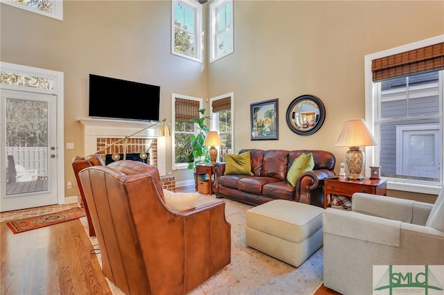 living room with a fireplace, a high ceiling, and light hardwood / wood-style flooring