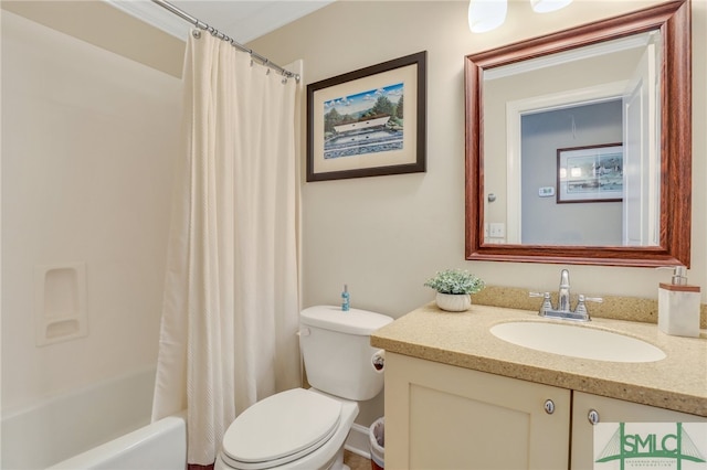 full bathroom with vanity, toilet, and shower / bath combo with shower curtain