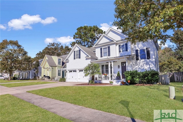 view of front of home featuring covered porch, a garage, and a front lawn