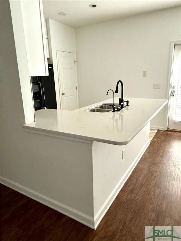 kitchen featuring kitchen peninsula, dark wood-type flooring, sink, and white cabinetry