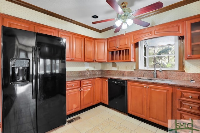 kitchen with stone counters, sink, ceiling fan, crown molding, and black appliances