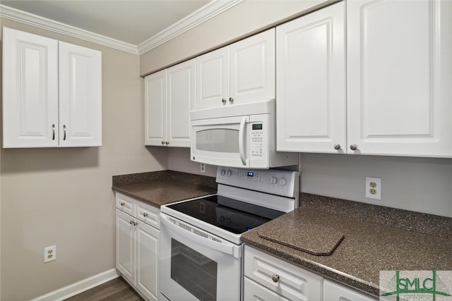 kitchen featuring white cabinetry, dark hardwood / wood-style flooring, white appliances, and crown molding