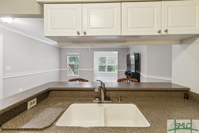 kitchen with white cabinetry, sink, and crown molding