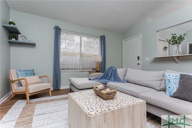 living room with a textured ceiling, light hardwood / wood-style floors, and lofted ceiling