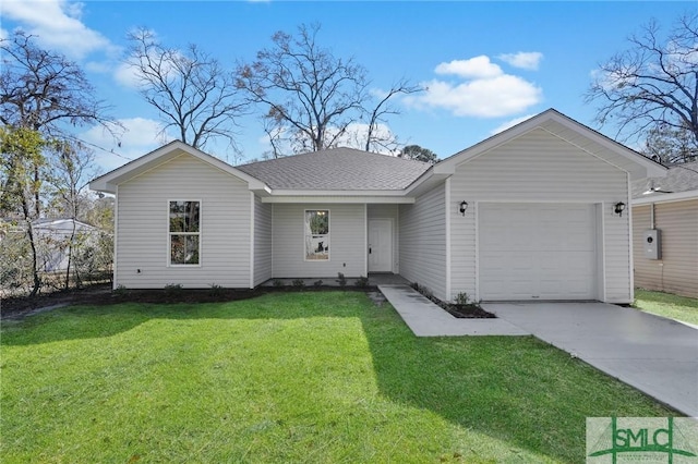 single story home with a garage and a front lawn