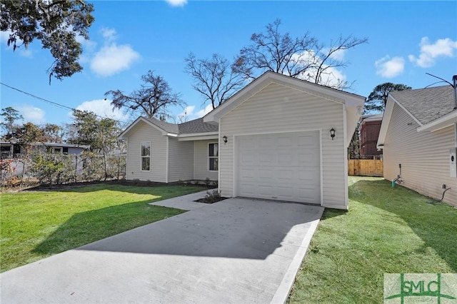 single story home with a garage and a front lawn