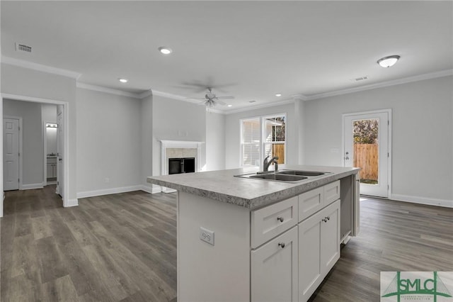 kitchen with sink, crown molding, hardwood / wood-style flooring, white cabinetry, and a center island with sink