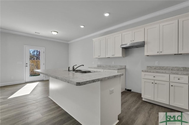 kitchen with sink, dark wood-type flooring, ornamental molding, an island with sink, and white cabinets