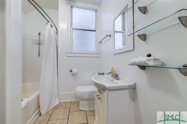 full bathroom with tile patterned floors, vanity, shower / bathtub combination with curtain, and toilet