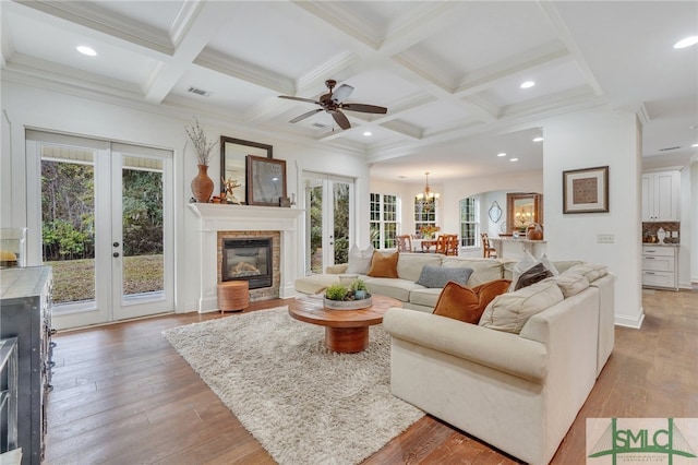 living room with french doors, a healthy amount of sunlight, and light hardwood / wood-style flooring