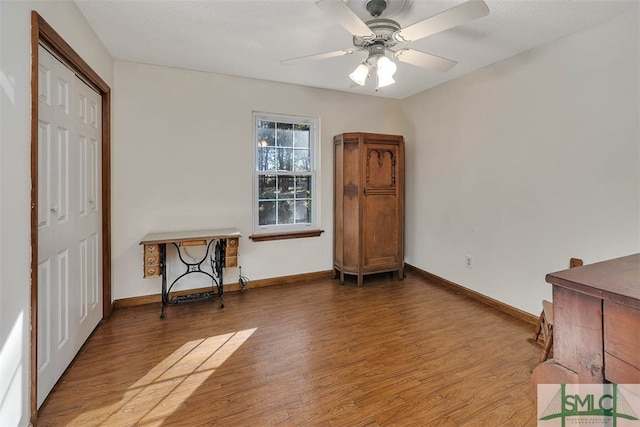 interior space featuring ceiling fan, a closet, and wood-type flooring