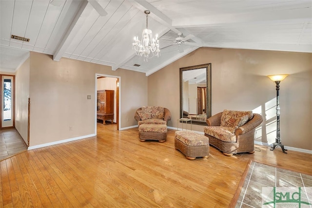 sitting room featuring vaulted ceiling with beams, wooden ceiling, wood-type flooring, and ceiling fan with notable chandelier