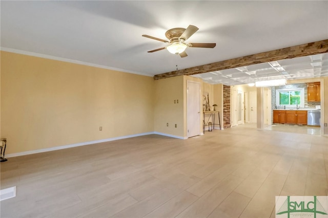 unfurnished room featuring sink, light hardwood / wood-style flooring, ceiling fan, ornamental molding, and beam ceiling