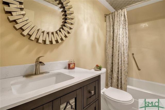 full bathroom featuring vanity, toilet, and shower / bathtub combination with curtain