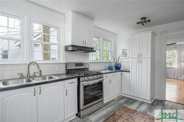 kitchen with white cabinets, plenty of natural light, stainless steel gas range oven, and sink