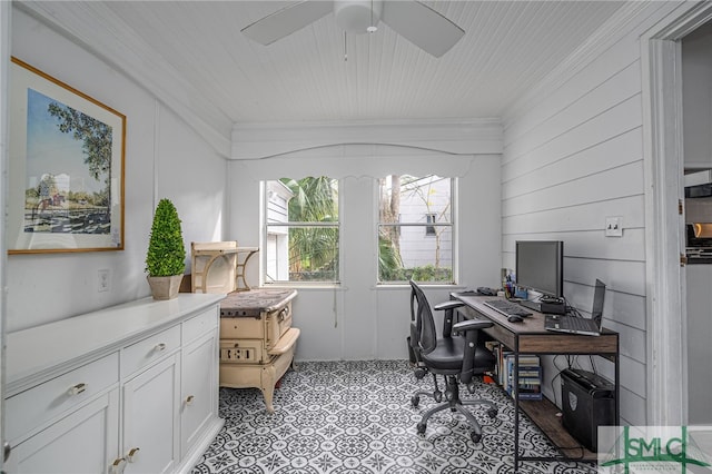 office space with ceiling fan and ornamental molding