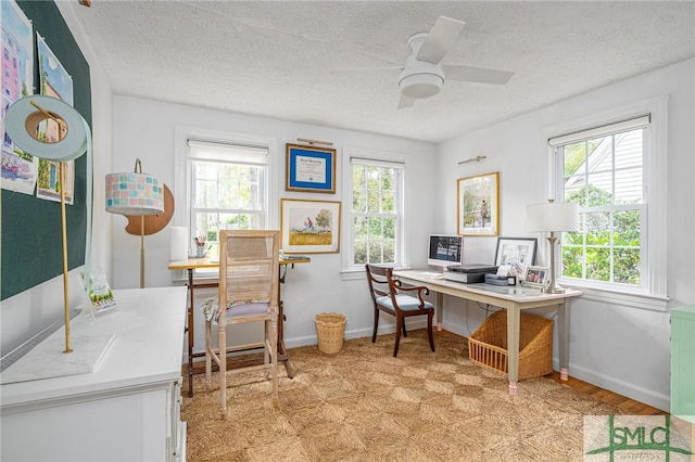 home office with a textured ceiling, light hardwood / wood-style floors, and ceiling fan