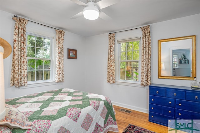 bedroom featuring ceiling fan and hardwood / wood-style floors