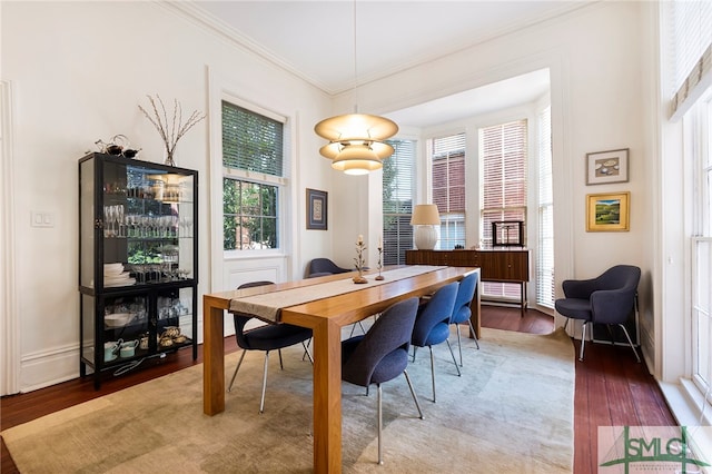 dining area featuring hardwood / wood-style flooring and ornamental molding