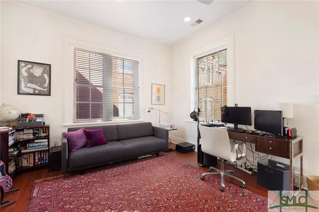 office featuring crown molding and hardwood / wood-style floors