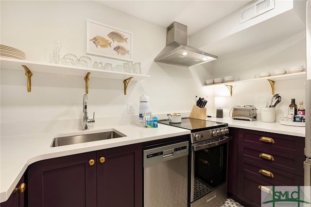 kitchen featuring dark brown cabinets, sink, stainless steel appliances, and range hood