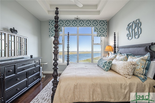 bedroom with a water view, a raised ceiling, and dark wood-type flooring