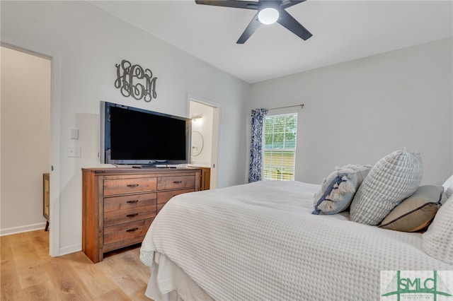 bedroom featuring ceiling fan and light wood-type flooring